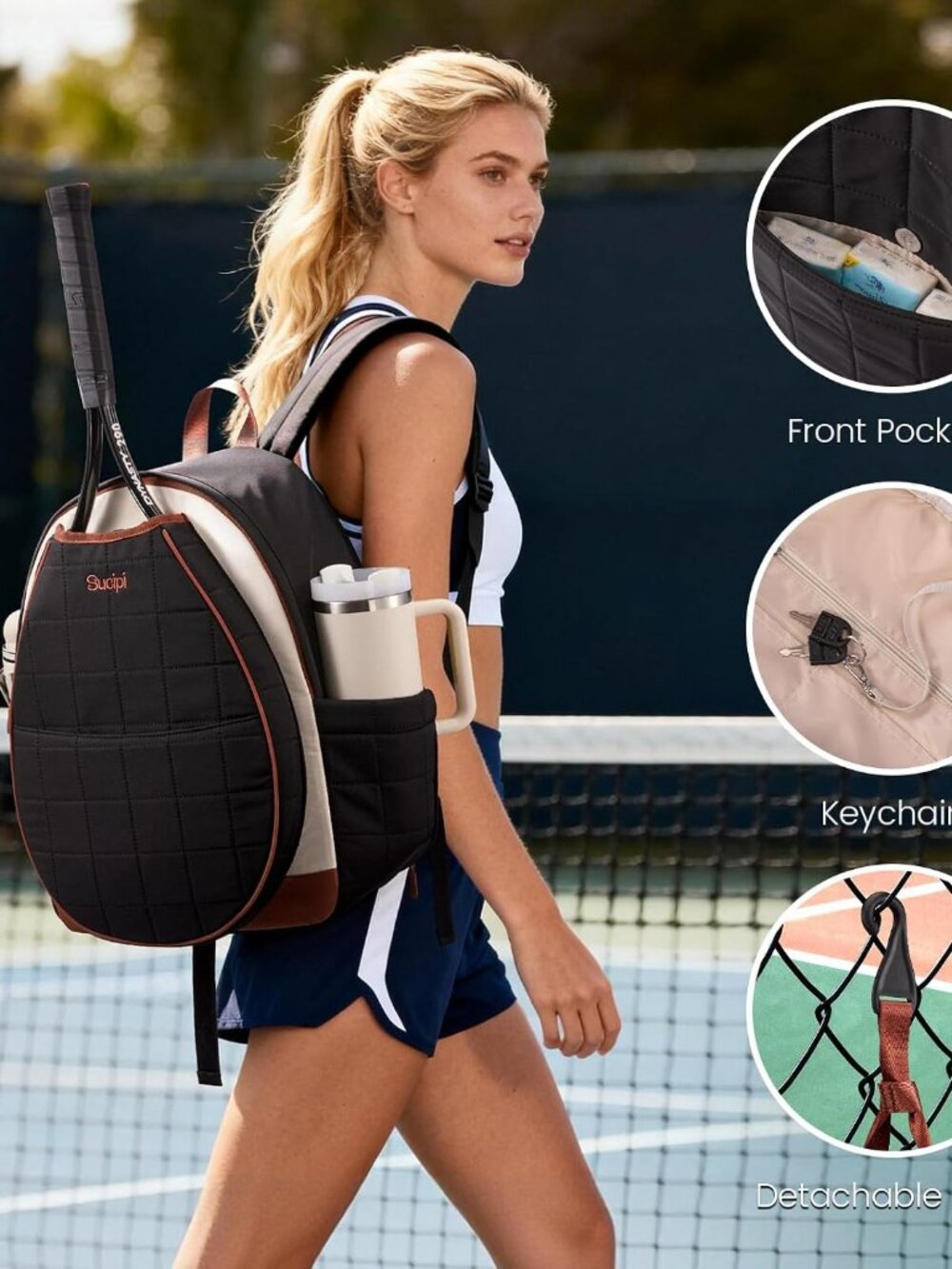 Tennis Bags for Women, Lightweight Quilted Tennis Racket Bag, Large Capacity Ten - Picture 2 of 6